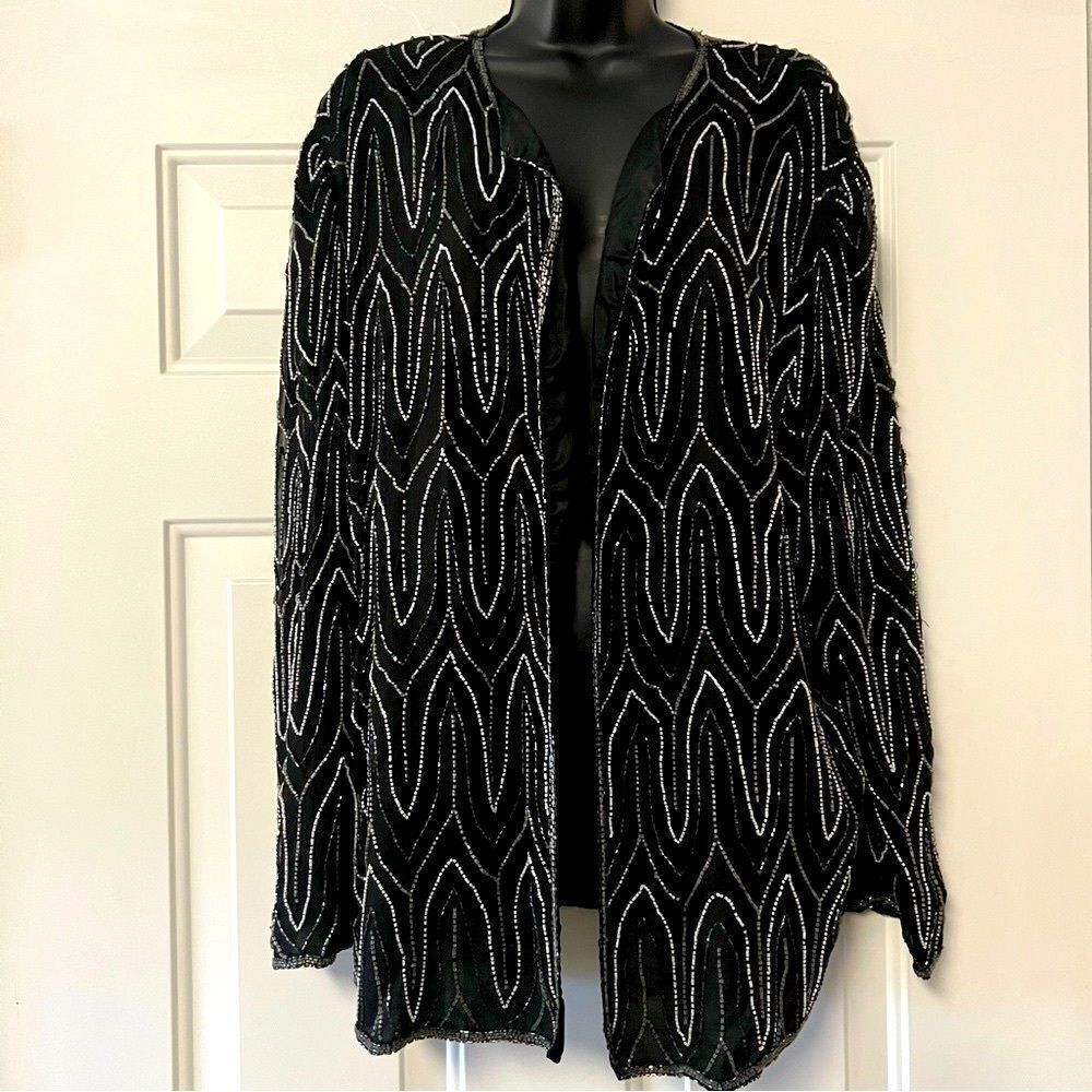 Vintage Black Silk Beaded sequin Special Evening Holiday Relaxed Fit jacket 2X